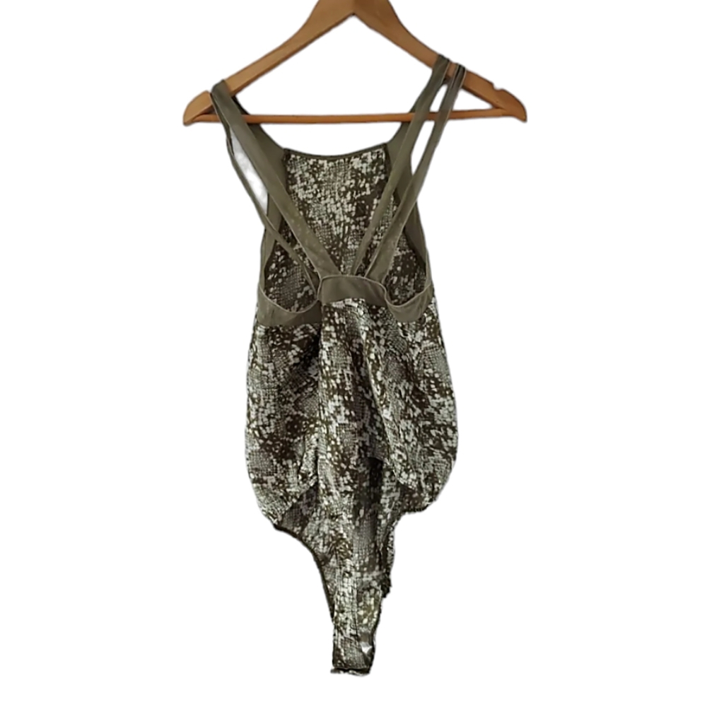 Free People Moss Green Nights Out Snakeskin Print Bodysuit Small - Picture 4 of 5